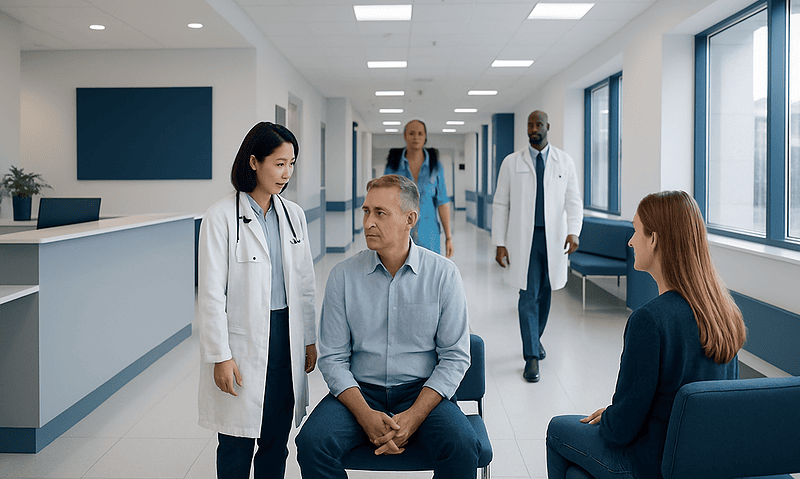 Doctor consulting with patient in hospital corridor.
