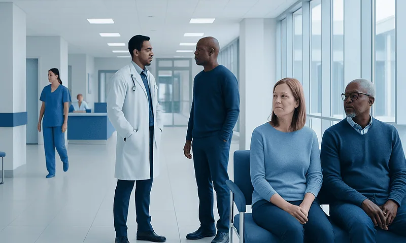 Doctor consulting with patients in a modern hospital corridor.
