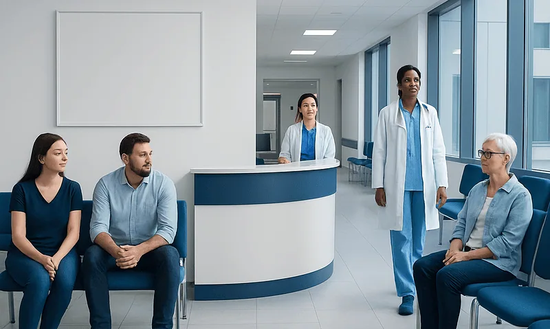 Medical consultation in a modern hospital waiting area with healthcare professionals and patients.
