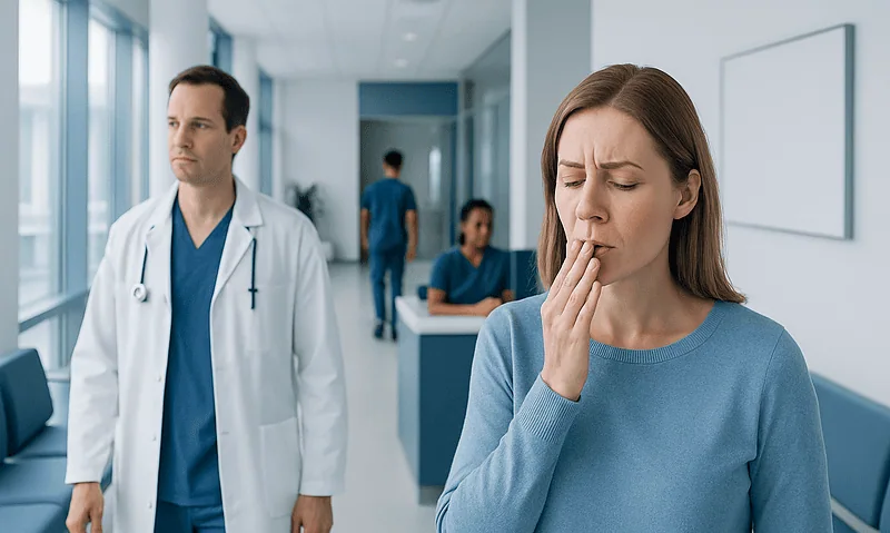 Woman experiencing stomach discomfort in hospital corridor with doctors nearby.