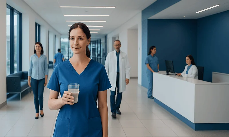 Healthcare professionals in a hospital corridor with a nurse holding a glass of water.