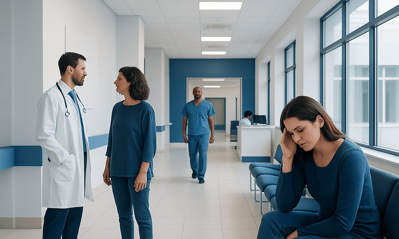 Patient experiencing headache in hospital corridor with medical staff nearby.
