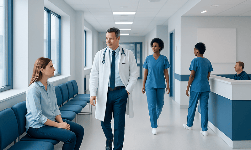 Keto Gummies: What Patients Need to Know 12 Doctor talking to patient in hospital corridor with nurses nearby.