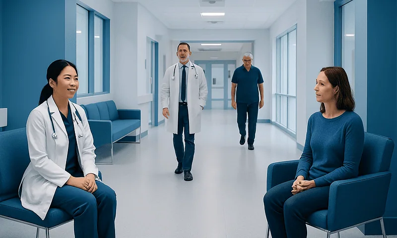 Medical consultation in hospital corridor with doctors and patient.