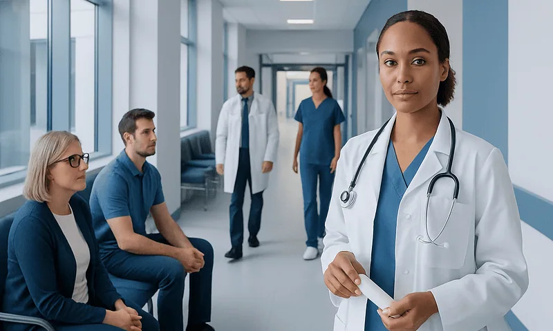 Healthcare professionals in a hospital corridor with a female doctor in the foreground.