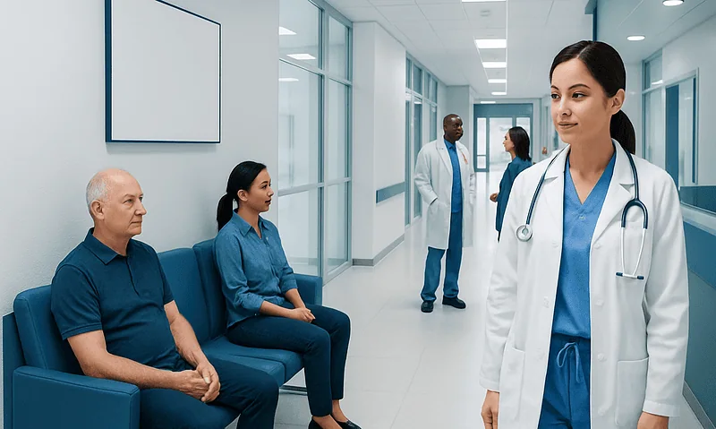 Healthcare professionals and patients in a modern hospital corridor.