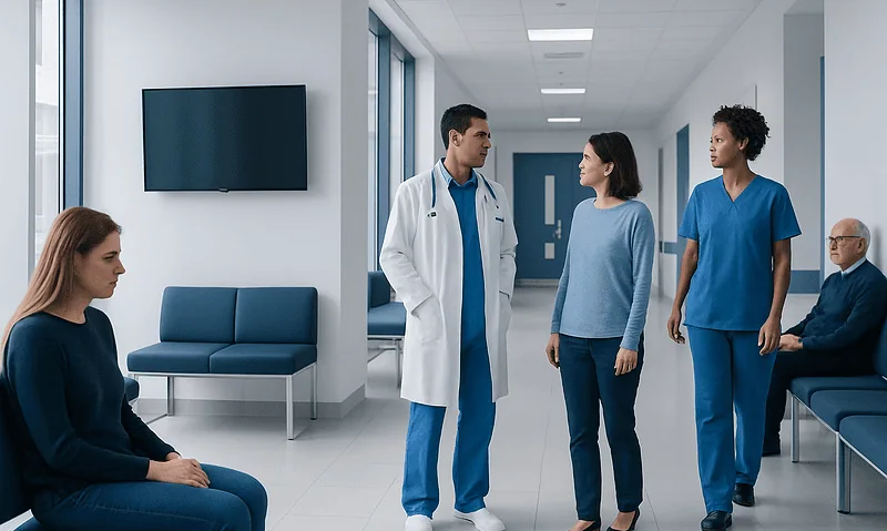 Medical consultation in a hospital corridor with healthcare professionals and patient.