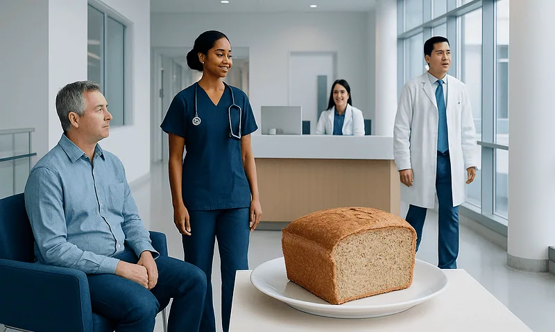 Medical team with bread in hospital waiting area for health discussion.