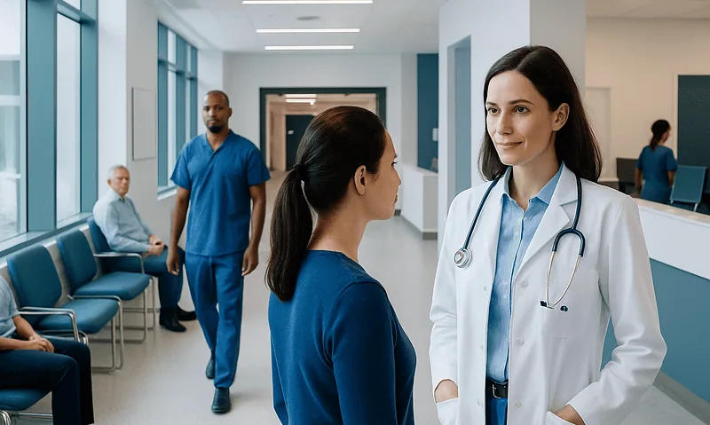 Doctor talking to patient in hospital corridor with waiting area.
