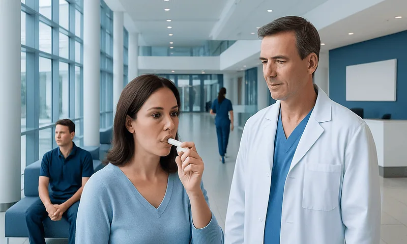 Ketones on Breath: A Complete Medical Overview 6 Doctor examines a patient with a breath test in a hospital corridor.