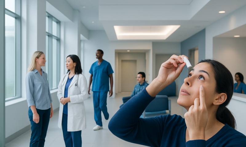 Woman applying eye drops in a modern hospital waiting area.
