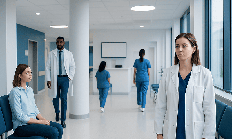 Medical professionals and patient in hospital corridor at Acibadem Hospitals Group.