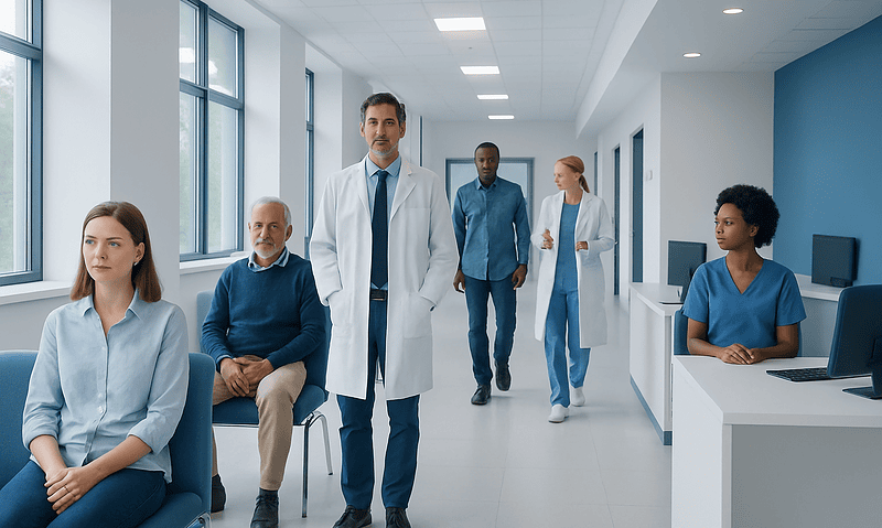Medical team in hospital corridor with patients and staff.