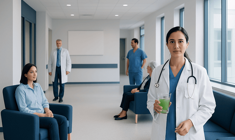 Healthcare professionals and patients in a modern hospital waiting area.
