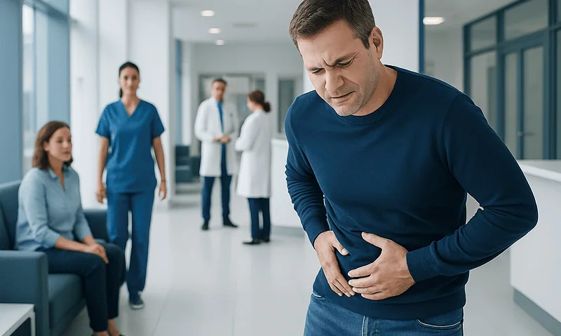 Man experiencing stomach pain in hospital corridor with medical staff nearby.