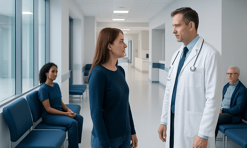 Doctor talking to a woman in a hospital corridor with patients seated nearby.