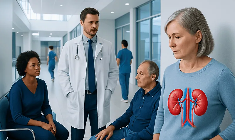 Doctor consulting with patients about kidney health in hospital corridor.