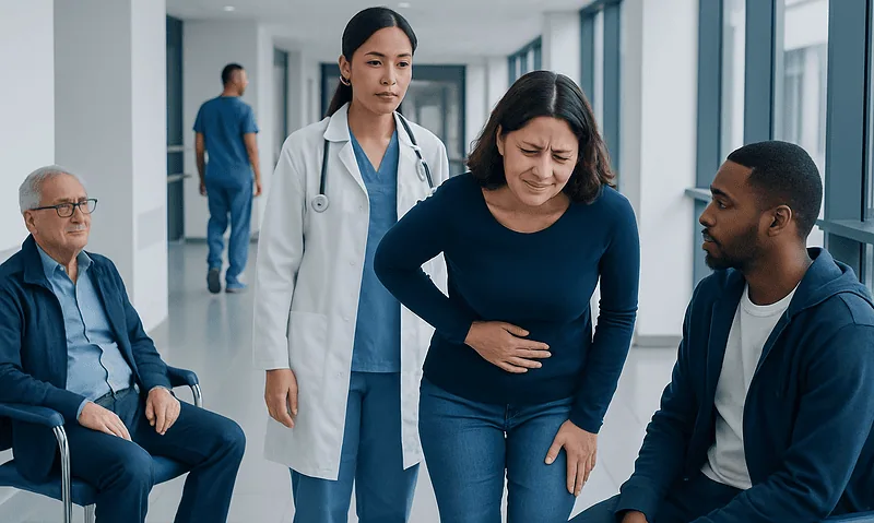 Patient experiencing abdominal pain in a hospital corridor with medical staff nearby.