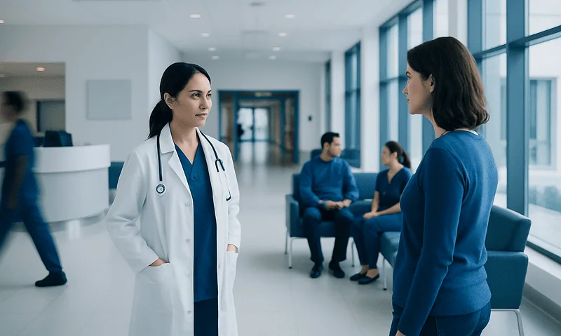 Doctor talking to patient in hospital corridor with other patients in background.