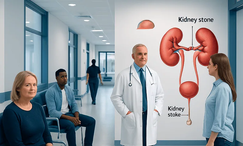 Doctor explains kidney stones to patient in hospital corridor.
