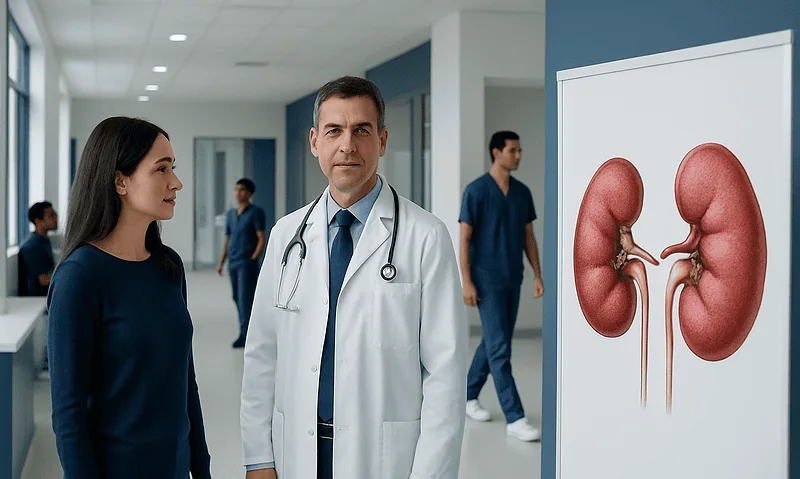 Doctor explaining kidney health to a patient in a hospital corridor.