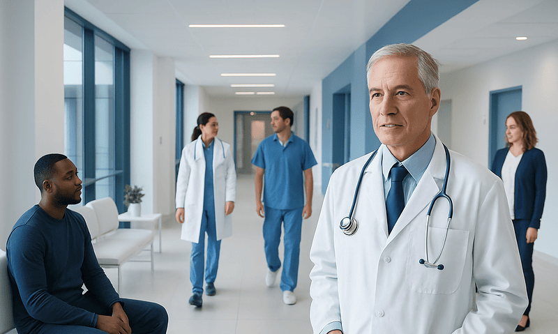 Senior doctor with stethoscope consulting patient in hospital corridor.