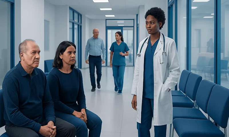 Doctor consulting patients in hospital corridor for cancer awareness.
