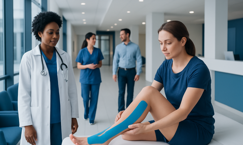 Medical professional applying kinesio tape to patient's leg in hospital.