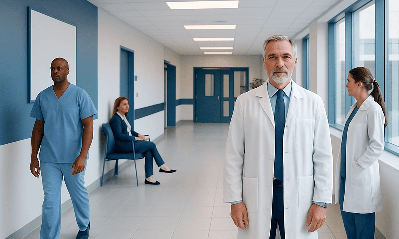 Medical professionals and staff in a hospital corridor at Acibadem Hospitals Group.