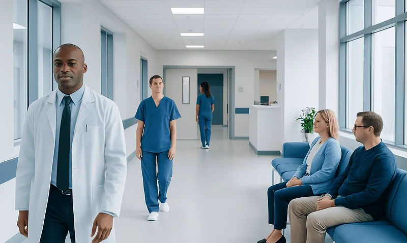 Medical professionals and patients in a modern hospital corridor.