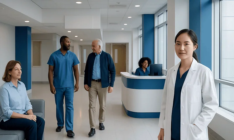 Medical team and patient in a modern hospital corridor.