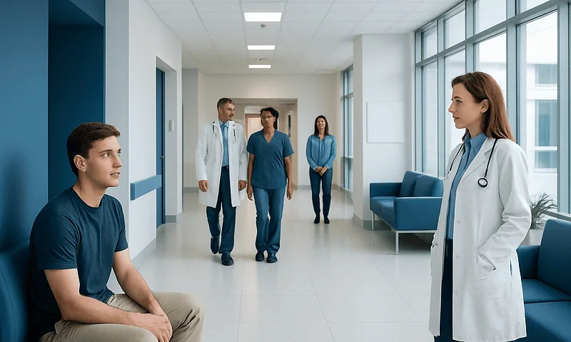 Doctor consulting young male patient in hospital corridor.