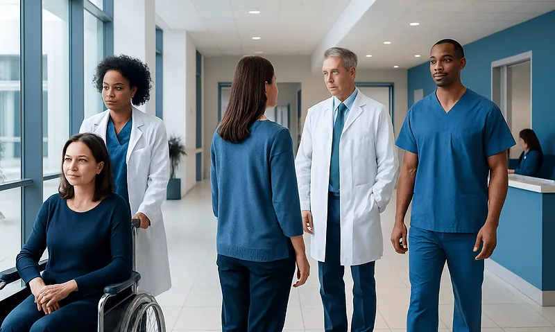Medical team discussing patient care in hospital corridor.