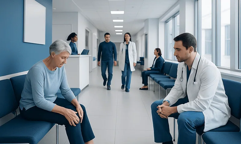 Doctor consulting elderly patient in hospital corridor.