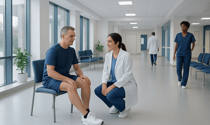 Doctor consulting with patient about knee pain in hospital corridor.