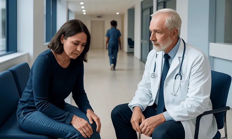 Doctor consulting with a patient in a hospital corridor.