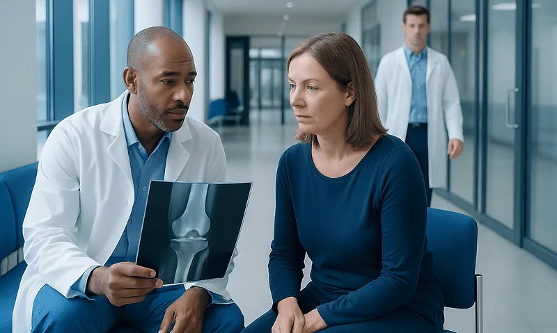 Doctor explaining knee X-ray to a female patient in a hospital corridor.