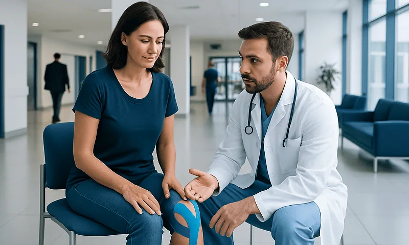 Doctor examining patient's knee in a modern hospital setting.