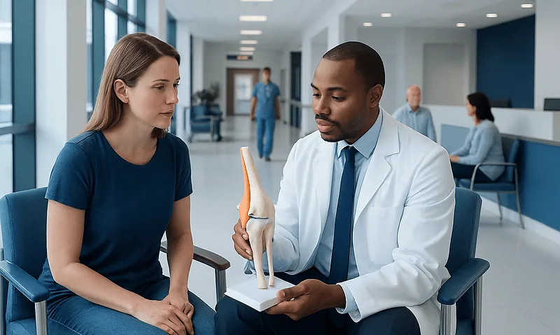 Doctor explaining knee ligament anatomy to patient in hospital setting.