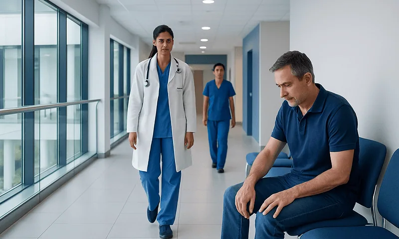 Medical professionals in hospital corridor with patient sitting on bench.