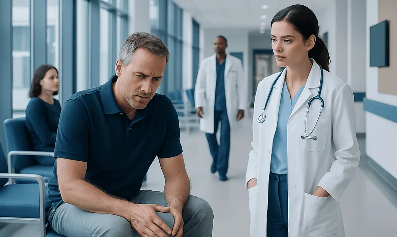 Doctor consulting with a patient in a hospital corridor.