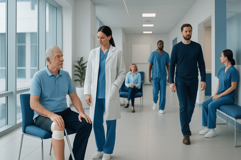 Knee Replacement Success Rates: What Results Are Realistic? 1 Patient with knee injury consulting with healthcare professionals at Acibadem Hospital.