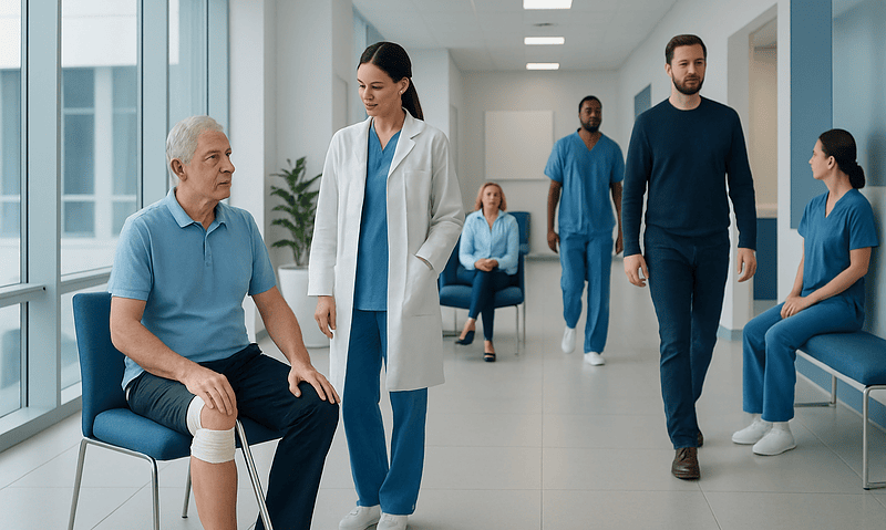 Patient with knee injury consulting with healthcare professionals at Acibadem Hospital.