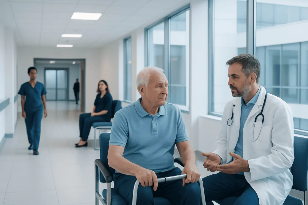 Knee Replacement Surgery: Candidacy, Procedure Steps, and Recovery Timeline 1 Doctor consulting elderly patient in hospital corridor with medical staff in background.