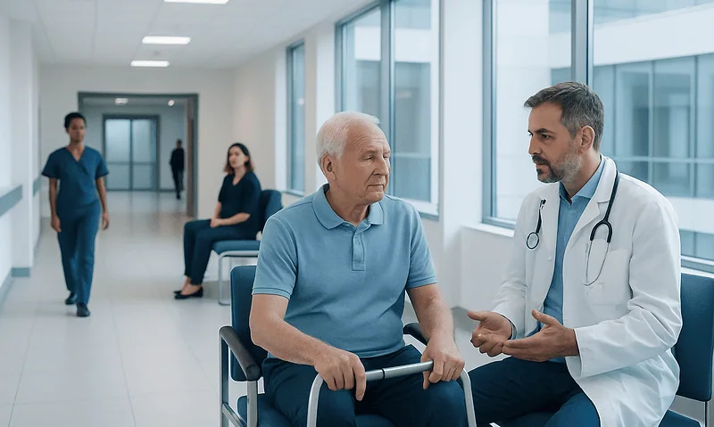 Doctor consulting elderly patient in hospital corridor with medical staff in background.