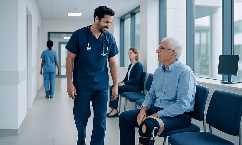 Healthcare professional consulting elderly patient with knee injury in hospital corridor.