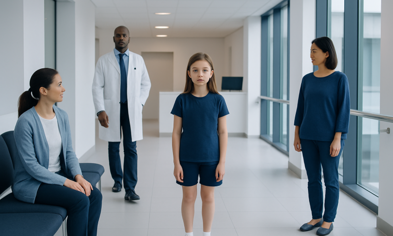 Child with knock knees in a hospital corridor with medical staff and parent.