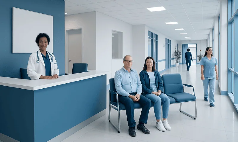 Modern hospital reception area with medical staff and patients.