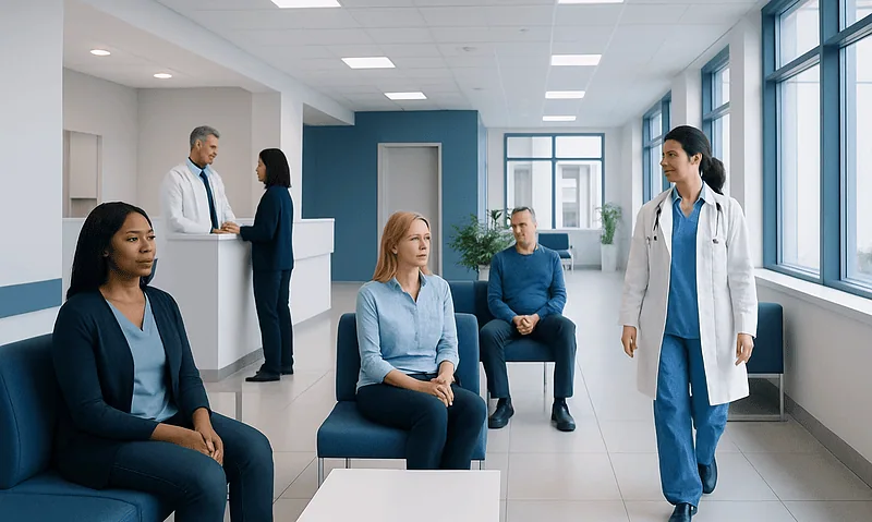 Patients waiting in a hospital corridor with medical staff present.