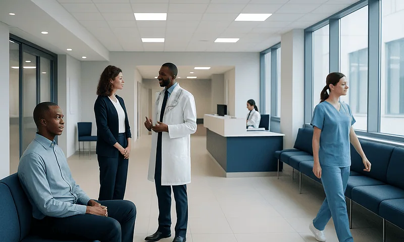 Medical professionals and patients in a modern hospital corridor.
